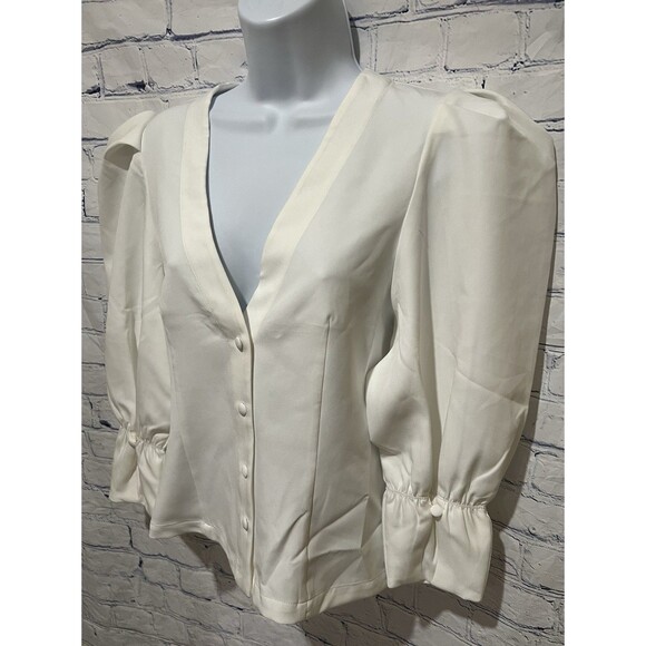 NWT Choosy white Romy button-up blouse V Neck with Long puff sleeves Size Medium - Picture 2 of 9